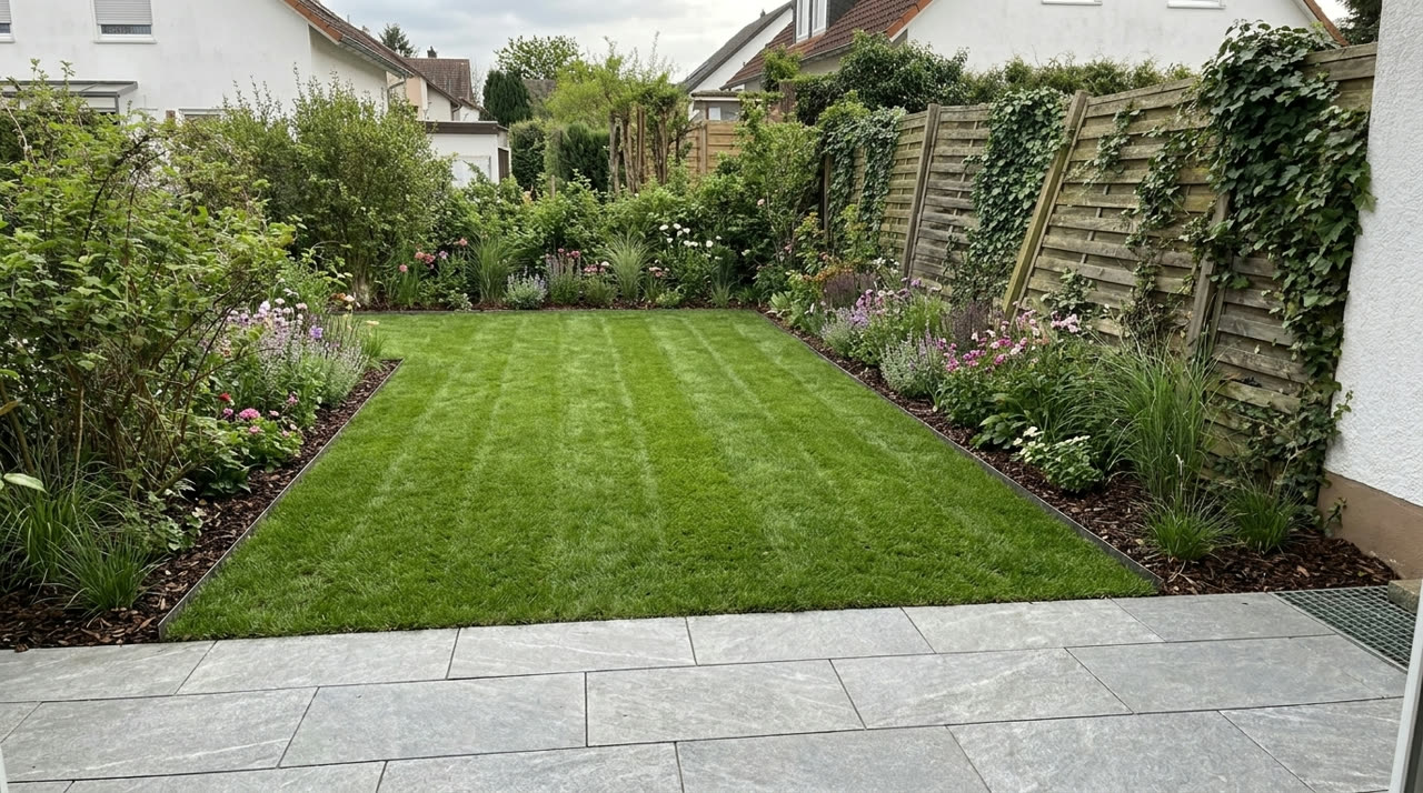 Garten nach der Neuanlage – dichter Rasen, Beete und Natursteinweg