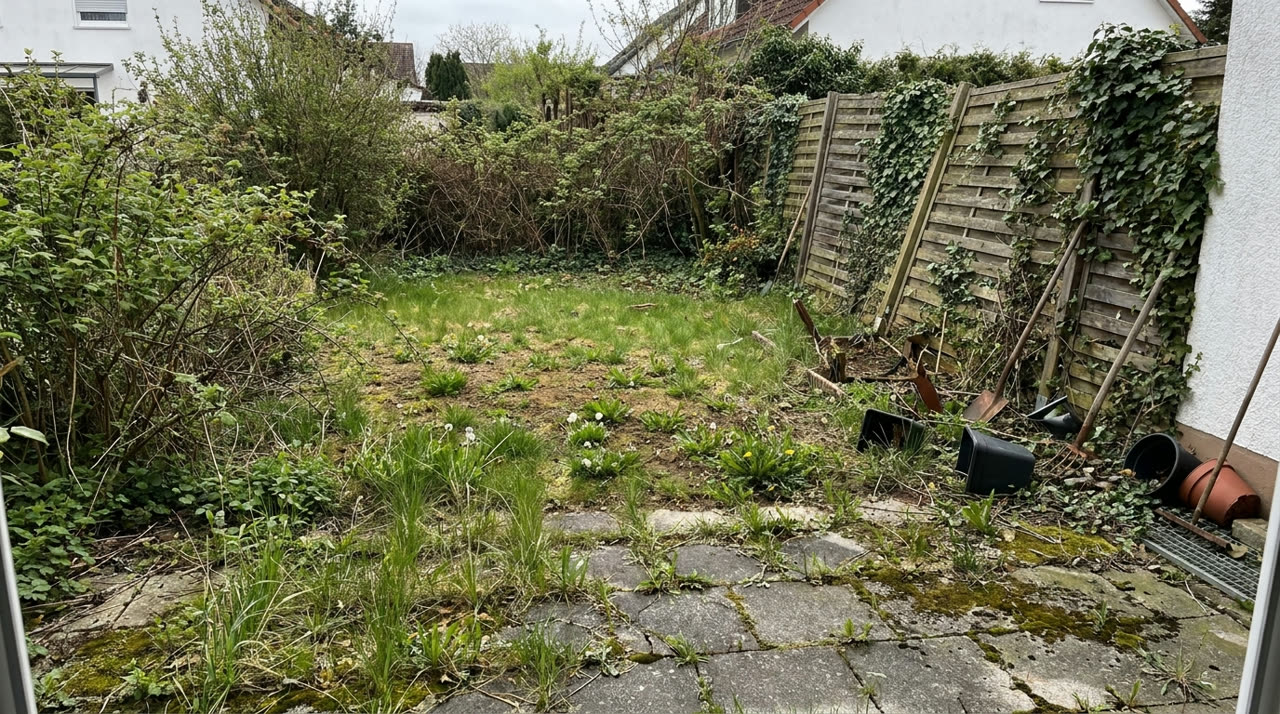 Garten vorher – verwilderte Fläche mit Unkraut