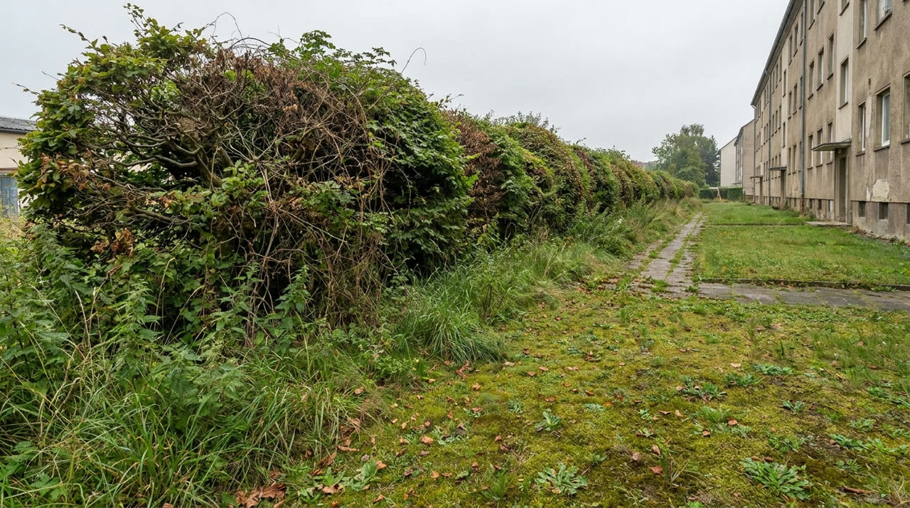 Überwucherte Hecke vor dem Rückschnitt