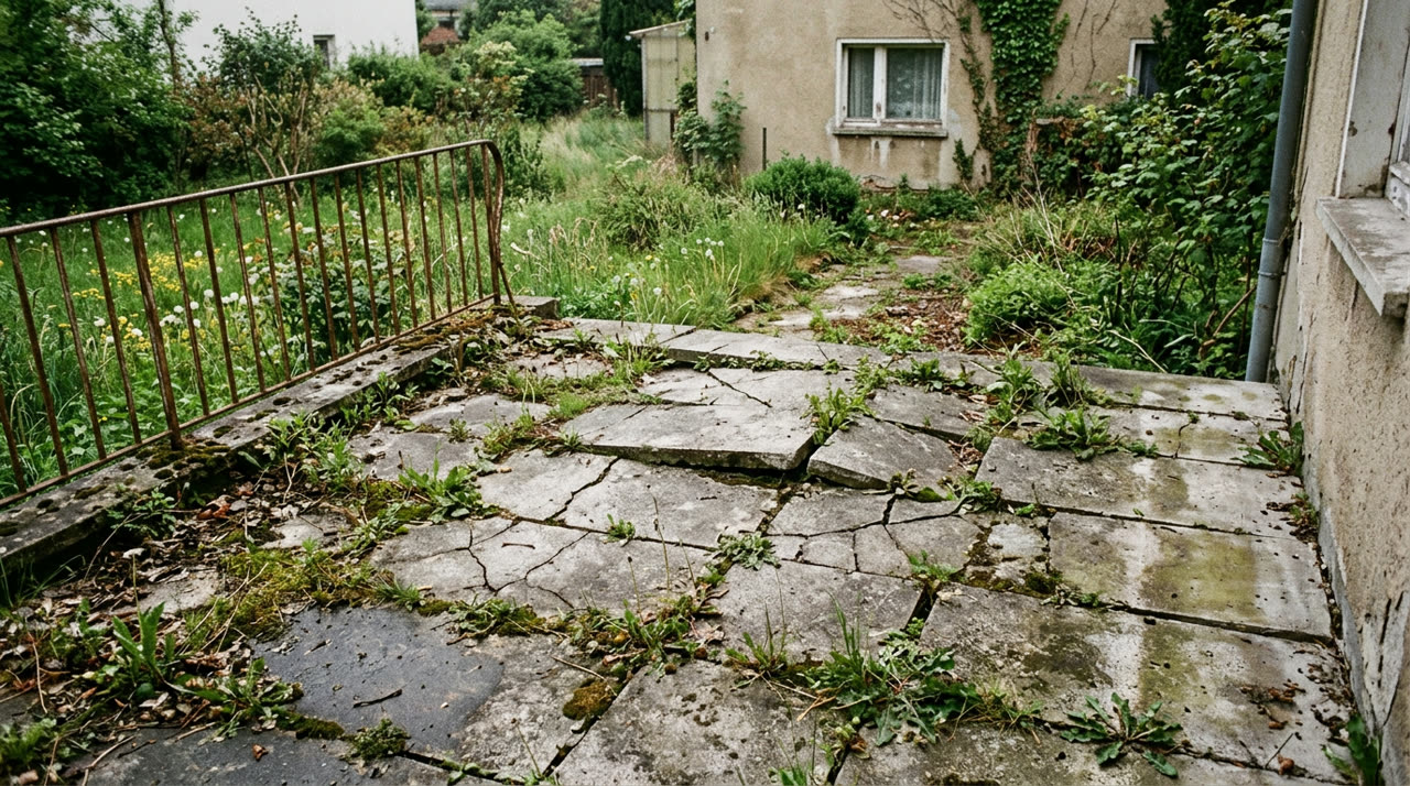 Alte rissige Betonterrasse vor der Sanierung